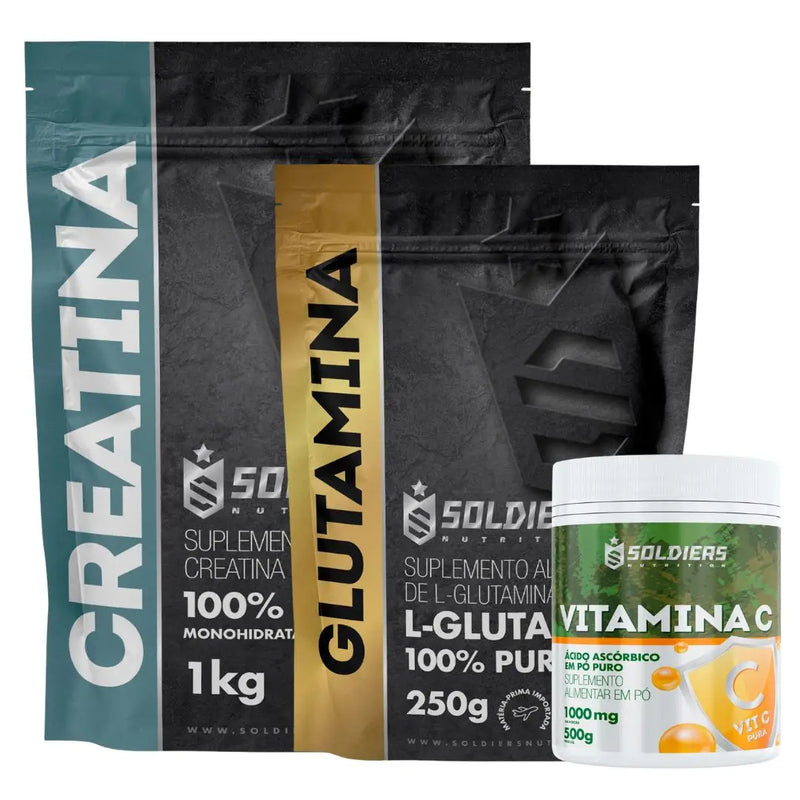 Kit: Creatine Monohydrate 1Kg + Glutamine 500g + Vitamin C Powder 500g-Imported Pure 100%-Soldiers Nutrition