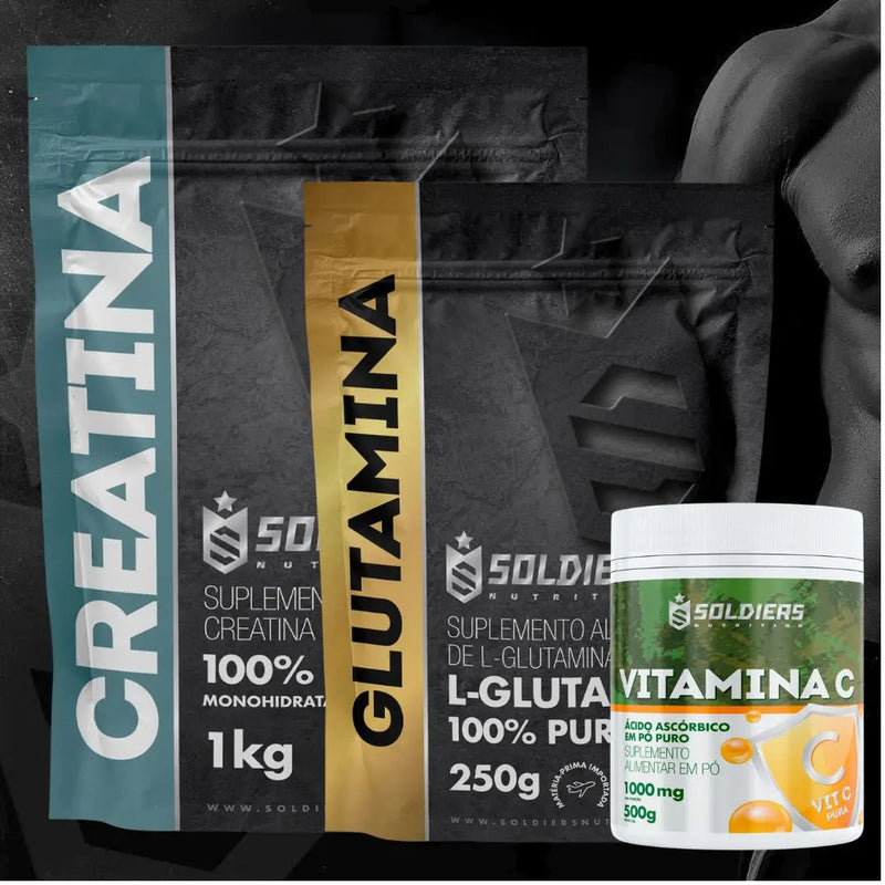 Kit: Creatine Monohydrate 1Kg + Glutamine 500g + Vitamin C Powder 500g-Imported Pure 100%-Soldiers Nutrition